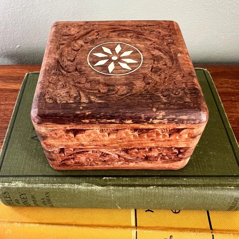 Vintage Hand Carved Wood Jewelry Box With  Inlay Floral Trinket Box Cottage Boho